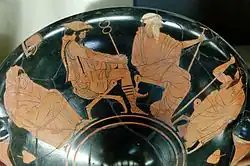 La embajada a Aquiles en un kylix ático de cerámica de figuras rojas del pintor de Tarquinia, ca. 470 a. C.
