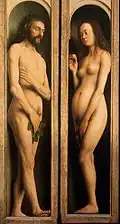 Adán y Eva en el Políptico de Gante, de Jan Van Eyck, 1432.