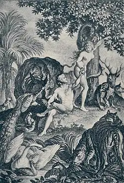 Ilustración de 1896 de Eva entregando la fruta prohibida a Adán