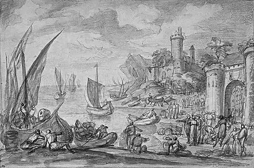 Puerto con barcos en la playa bajo una fortaleza.