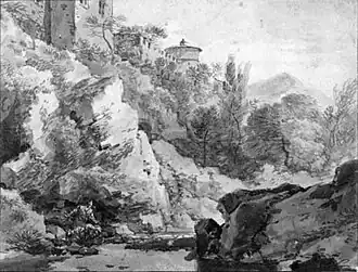 Paisaje de estilo italiano con casas sobre rocas junto a un río.