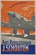 Se puede leer: "¡Motores en marcha!". Junto a las cuatro hélices aparecen las palabras "Autoridad", "Libertad", "Justicia Social" y "Poder Popular". En la parte inferior: "Vota por el antirrevolucionario J. Schouten".
