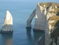 El famoso acantilado con la aguja y la puerta de entrada en Étretat en Francia