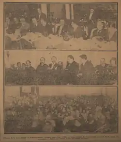 Tres fotografías dispuestas de manera vertical de Einstein en la Universidad Nacional de La Plata. En la superior, se encuentra en un almuerzo en el Jockey Club; en la del medio, se lo observa en el discurso inaugural de los cursos universitarios; en la inferior puede verse al público que asistió al Colegio Nacional Rafael Hernández.