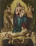"San Francisco intercede ante la Virgen por una familia". Óleo sobre lienzo, 209 × 167 cm, finales del siglo XVI