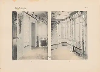 Sur papier clair, double photo colorisée de pièces avec cheminée, portes et fenêtres ornementées