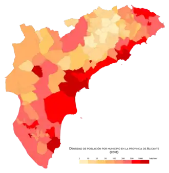 Densidad de población por municipio en 2018