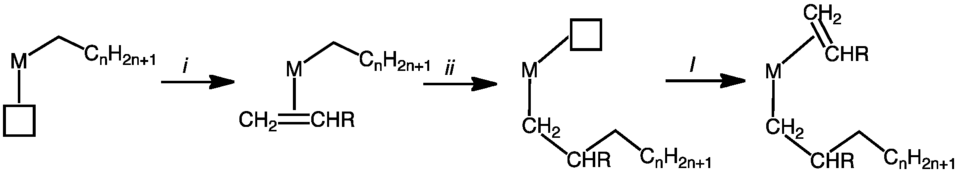 Pasos en la polimerización de un alqueno. El paso i implica la unión del monómero al metal y la etapa ii implica la etapa de inserción migratoria. Estos pasos, que se alternan de un lado del centro metálico al otro, se repiten muchas veces para cada cadena de polímero. El cuadrado representa un sitio de coordinación vacante (o extremadamente lábil).
