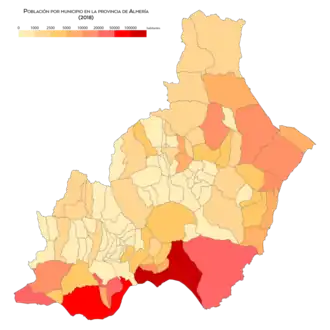Mapa municipal de población en la provincia de Almería año 2018[114]​