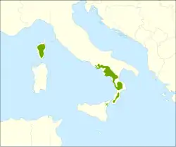 Distribución natural de Alnus cordata.