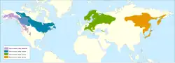 Mapa de distribución de las subespecies : Alnus incana tenuifolia : Alnus incana rugosa. : Alnus incana incana. : Alnus incana hirsuta.