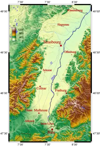 Ilustración en color del relieve de la cuenca renana rodeada por los Vosgos y la Selva Negra. Las principales ciudades son mencionadas.