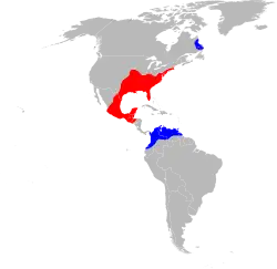 Rojo indica dónde se encuentra la especie normalmente; Azul indica otros lugares donde la especie ha sido reportada