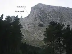 Cara este del Amboto, vista desde Arrázola. Se aprecian y están señalados los ojos de Bentanetan y Ezkilar.