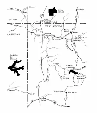 Mapa de los principales asentamientos de los Anasazi en la zona de las Cuatro Esquinas.