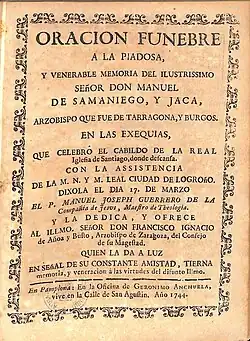 Portada barroca del sermón fúnebre en memoria del obispo Samaniego y Jaca (1744)