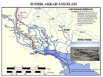 Sumeria y Akkad, con la antigua línea de la costa del golfo Pérsico