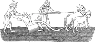 A crude medieval line drawing, showing a man with a team of two oxen ploughing a field, assisted by a woman. Both the man and woman are dressed in long medieval cloths.