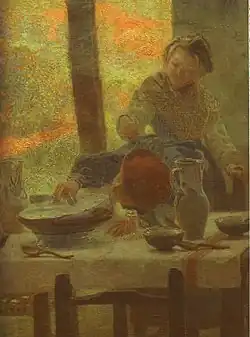 Detalle de la mesa con loza blanca, en el óleo titulado Cristiano, pintado en 1897 por Guinea. Conservado en el Casa Consistorial de Bilbao.