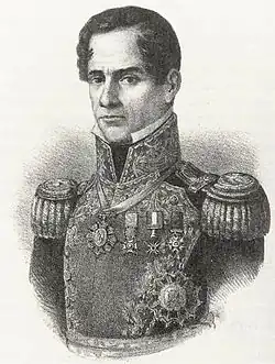 Lithograph depicting the head and shoulders of a middle-aged, clean-shaven man wearing an ostentatious military uniform.