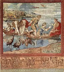 La pesca milagrosa, uno de los arazzi di Raffaello ("tapices de Rafael"), conservados en los Museos Vaticanos (ca. 1519).