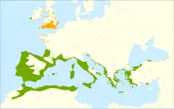 alt=Distribución: :     Zona nativa. :✖ Poblaciones aisladas. :▲ Introducida y naturalizada (Sinantropía).
