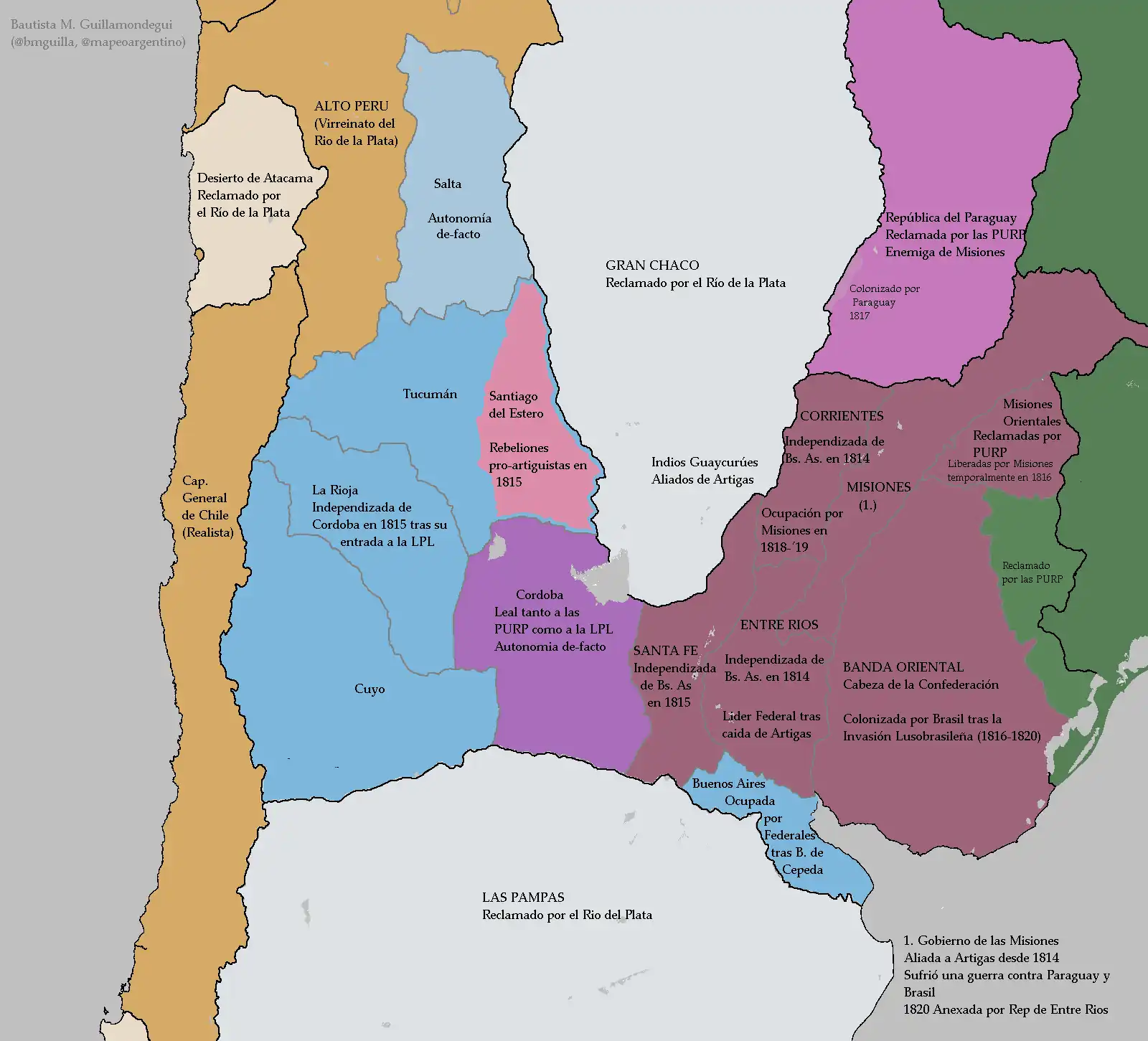 Mapa de la Liga Federal durante la Guerra Artiguista