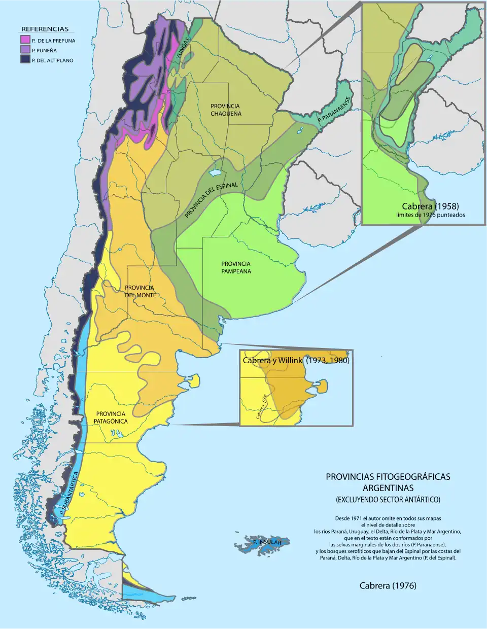Regiones fitogeográficas según Cabrera (1976) y comparación con mapas anteriores del mismo autor. Si bien los mapas diferían, apuntaban a ser un esquema simplificado de la misma descripción fitogeográfica.