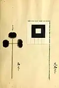 dos grandes banderas de batalla de Japón, una con tres plumas negras y otra blanca con una caja negra