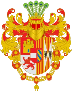 Escudo de Juan de Austria, adornado con lambrequines de plumas de pavo real característica de Austria.