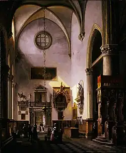 Pintura de Vincenzo datada del 1857. Es una escena del interior de una iglesia con un rayo de sol que entra por una ventana