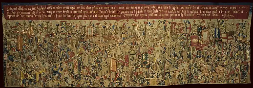 Desembarco en Arcila. Lana y seda. Siglo XV. Tournai. 369x1099cm. Serie de Tapices de Alfonso V de Portugal. Museo Parroquial de Tapices de Pastrana. Guadalajara, España.