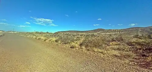 Restos del terraplén poblado de plantas en el ingreso a Astra en zona cercana a donde se emplazó Km 17 y con un camino atravesando la zona.