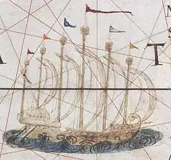 Barco de seis mástiles que podría ser un junco de Java.