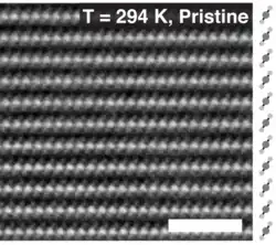 Imagen de resolución atómica de 1T-TaS2 (298 K). Obtenida mediante HAADF STEM. Barra de escala de 2 nm.[9]​