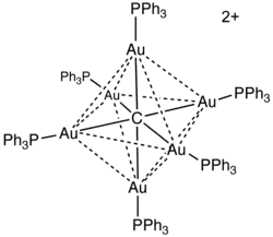 El clúster [Au6C(PPh3) 6]2+ presenta un ligando μ6-carburo, aunque de nuevo no se suele utilizar el designador "μ".