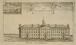 Un grabado de Nassau Hall de 1760.
