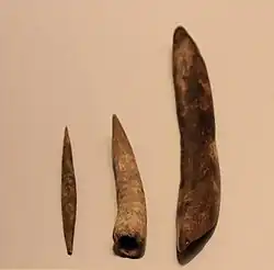 Herramientas óseas de la cultura Auriñaciense (aguja, puntas y herramientas para perforar agujeros), Cueva de Hayonim, 30.000 a. C.