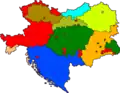Una opción de nueve entidades: Austria, Bohemia y Moravia, Eslovaquia, Galitzia polaca (azul cielo), Rutenia (verde claro), Hungría, Italoaustria (albaricoque), Reino Sureslavo (englobando Eslovenia, Croacia, Bosnia, Herzegovina y Voivodina) y Rumania-Austria (naranja).[8]​
