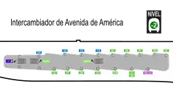 Mapa de la distribución de dársenas del intercambiador de Avenida de América con la distribución de cabeceras de las líneas de autobuses, entre las que aparece la línea 261.