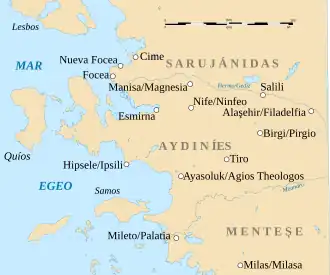 Map of western central Anatolia and the offshore islands, with the main cities of the period and rivers marked