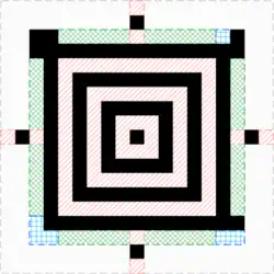 El núcleo del código Aztec completo. 40 bits están disponibles entre las marcas de orientación para los parámetros de codificación.