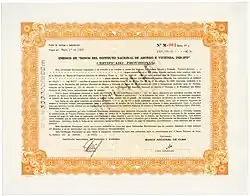 Certificado provisional de un bono del Banco Nacional de Cuba por 300.000,00 pesos, emitido en La Habana el 22 de enero de 1960, firmado en original por Ernesto "Che" Guevara como Presidente del Banco Nacional de Cuba. El bono estaba destinado a financiar la Instituto Nacional de Ahorro y Vivienda (INAV), responsable de gran parte de la construcción de viviendas estatales en Cuba entre 1959 y 1962.