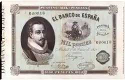 Billete del Banco de España (1878) dedicado a Cervantes, grabado por Navarrete.