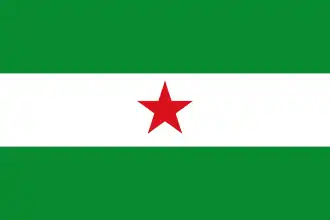 Bandera andaluza con una estrella roja de cinco puntas en el centro. Actualmente es la que mayor difusión tiene entre nacionalistas de izquierda e independentistas.
