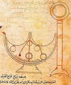 Esquema de una lámpara con engranajes en el tratado de dispositivos mecánicos de Ahmad ibn Mūsā ibn Shākir, uno de los hermanos Banū Mūsā (siglo IX).[9]​