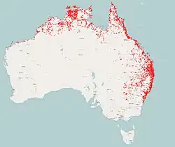 Distribución en Australia (falta la de Nueva Guinea)