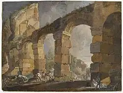 Ruina de acueducto en Roma, Jean Bardin, guache sobre cartón, 43 x 57 cm,