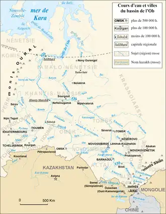 Mapa en francés del Obi donde está, a orillas del Irtish, Omsk
