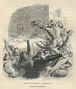 La batalla de Hernani (28 de febrero de 1830). Grabado satírico de J. J. Grandville.